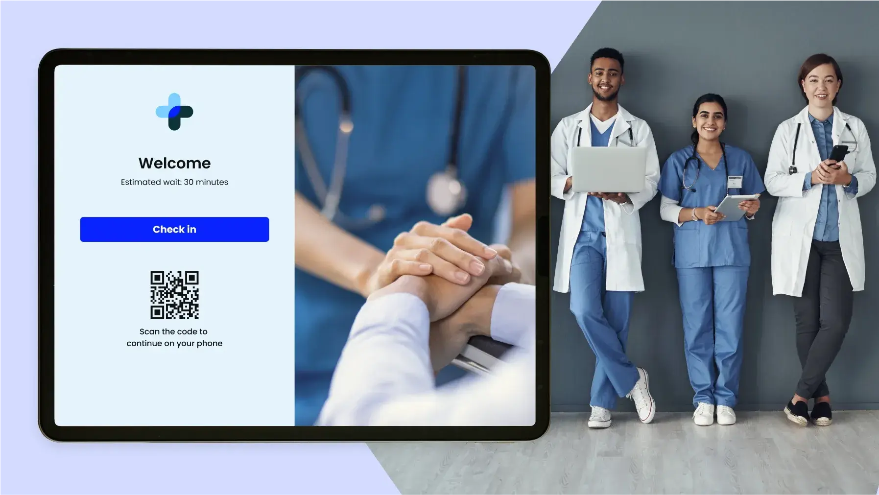 Healthcare team assisting patients in urgent care clinic with check-in process on tablet