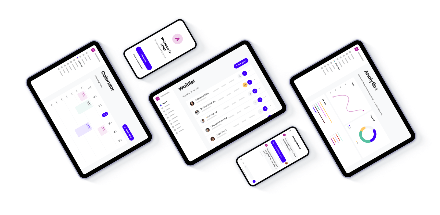 Multi-device interface displaying a calendar and waitlist management app with analytics charts