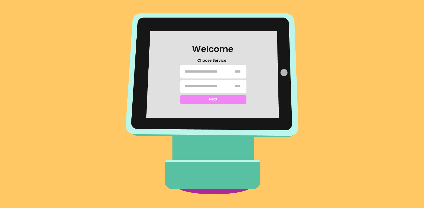 Kiosk with touchscreen displaying a welcome message and service selection options