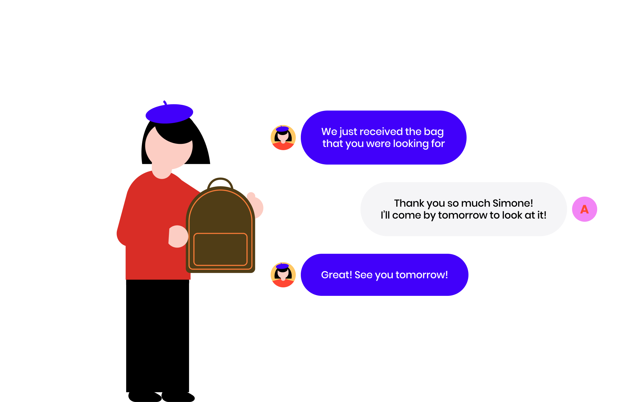A woman in a red sweater holding a brown backpack with a stylized chat interface in the background