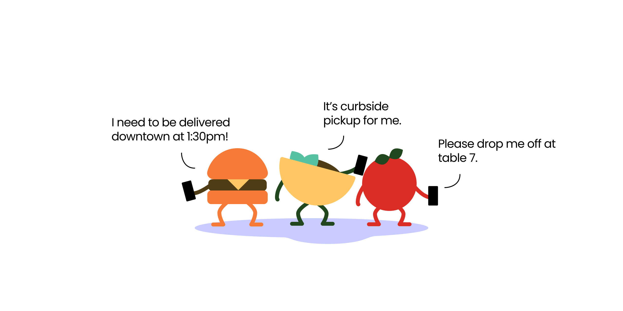 Colorful cartoon food characters discussing delivery and pickup instructions