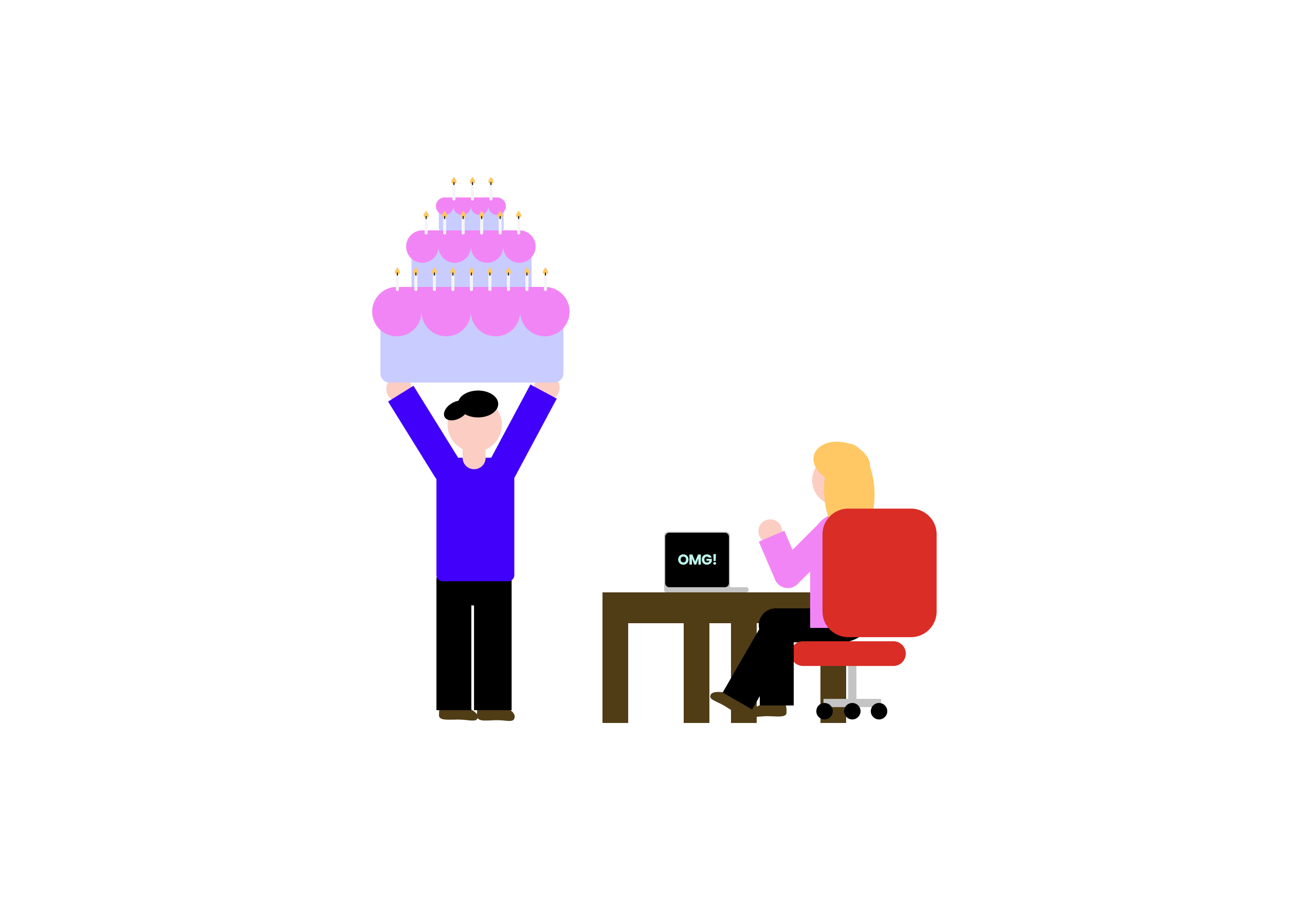 Person carrying a large pink cake with candles while a woman sits at a desk, surprised at her laptop