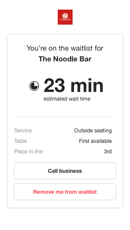 Waitwhile waitlist app screenshot of an updated waitlist status page with estimated wait time and place in line