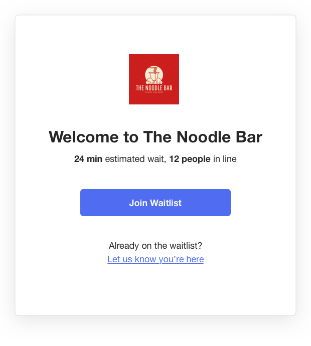 Waitwhile waitlist app screenshot of new welcome screen design for The Noodle Bar waitlist