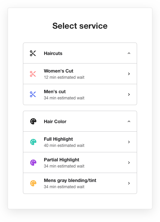 Waitwhile waitlist app screenshot of select service grouped by categories feature