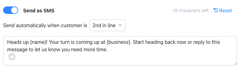 SMS notification for a customer about their upcoming turn at a business, with a prompt for time extension