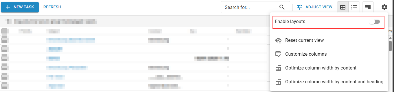 d.velop process studio, “Adjust view” menu, the “Enable layouts” option is highlighted.