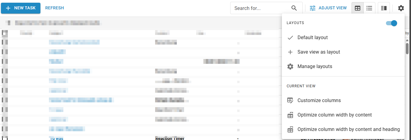 d.velop process studio, “Adjust view” menu is open with all new options.