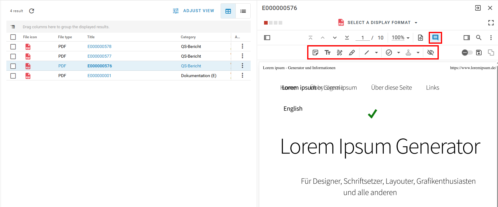 Preview of a document with the comment tool opened