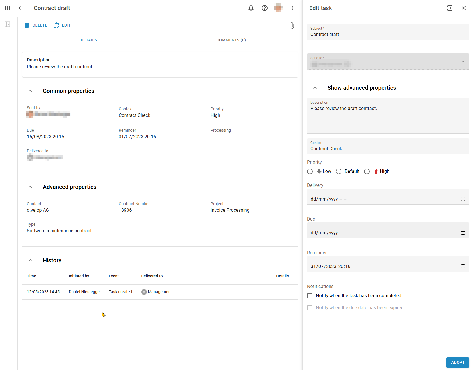 d.velop process studio, a task is open and the details of the task to be edited are displayed in the sidebar.