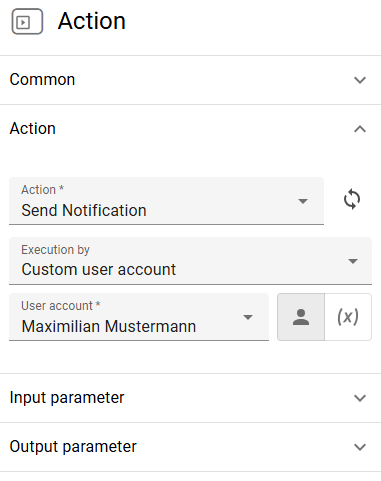 d.velop process studio, the details of an action are open, and a specific user account is entered.