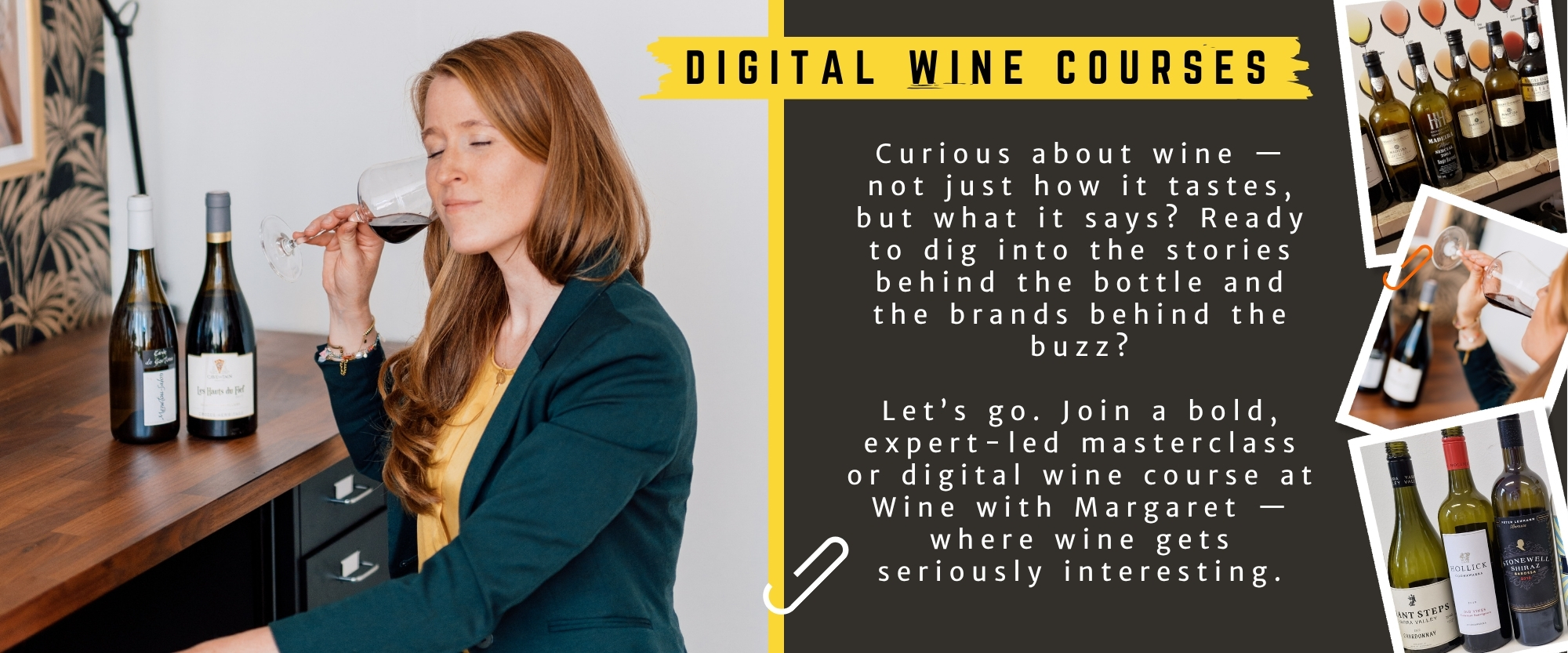 Wine expert Margaret tasting red wine during a digital wine course, with wine bottles on the table and course visuals highlighting masterclasses in wine branding and storytelling.