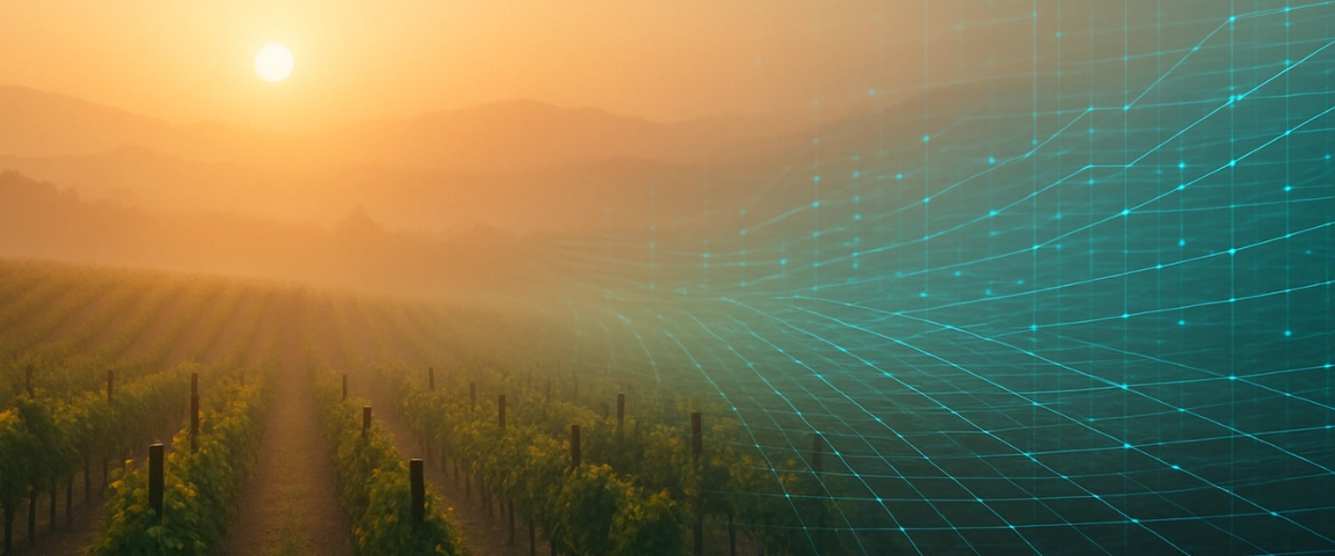 A warm vineyard landscape at sunrise gradually transitions into a digital grid overlay, representing how wine brands merge authentic storytelling with modern SEO and digital strategy.