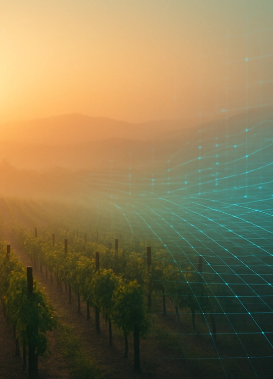 A warm vineyard landscape at sunrise gradually transitions into a digital grid overlay, representing how wine brands merge authentic storytelling with modern SEO and digital strategy.