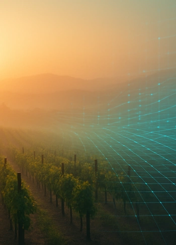 A warm vineyard landscape at sunrise gradually transitions into a digital grid overlay, representing how wine brands merge authentic storytelling with modern SEO and digital strategy.