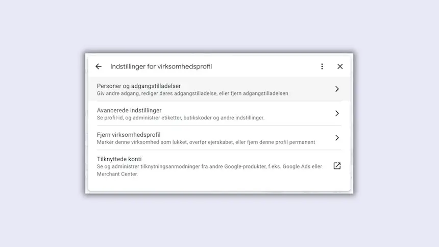 Billede af indstillingerne for Googles virksomhedsprofil