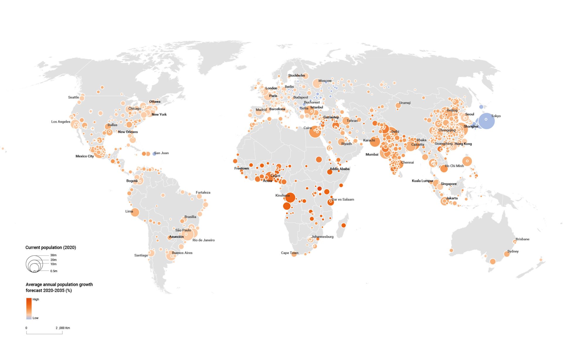 A world map representing current populations and forecasted growth between 2020 and 2035