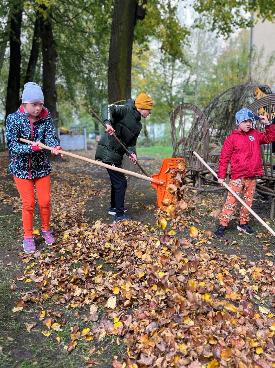 Jesienne prace w ogrodzie | Troje uczniów grabi liście.jpeg