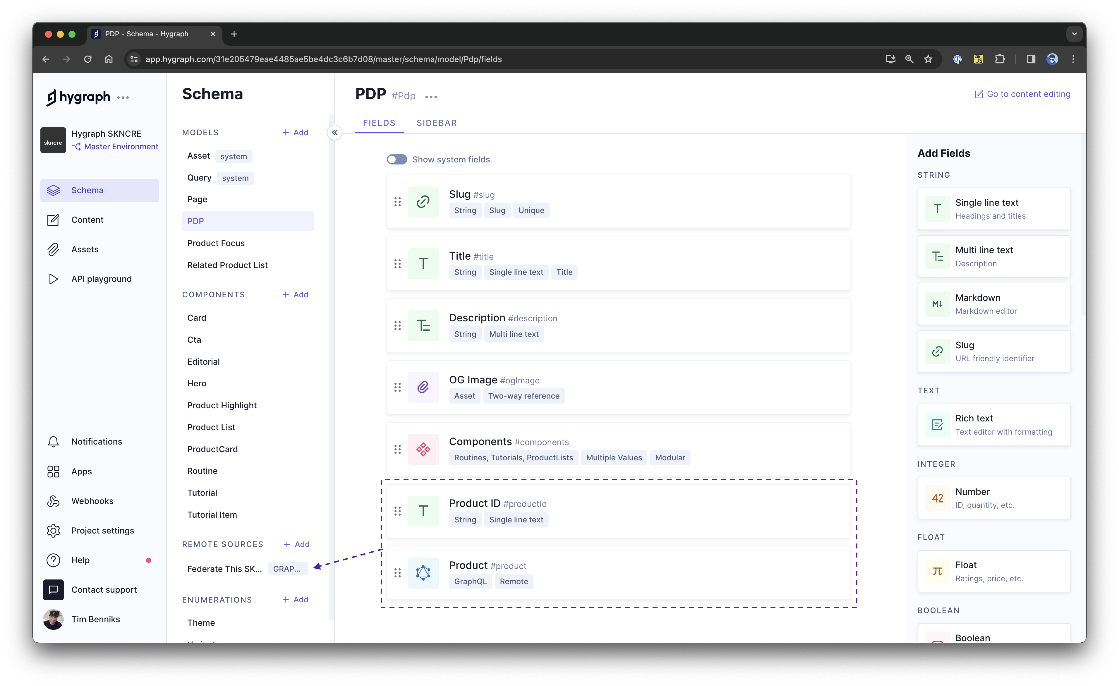 The schema for a product page with a remote GraphQL API field for selecting a Product from the Federate This endpoint.