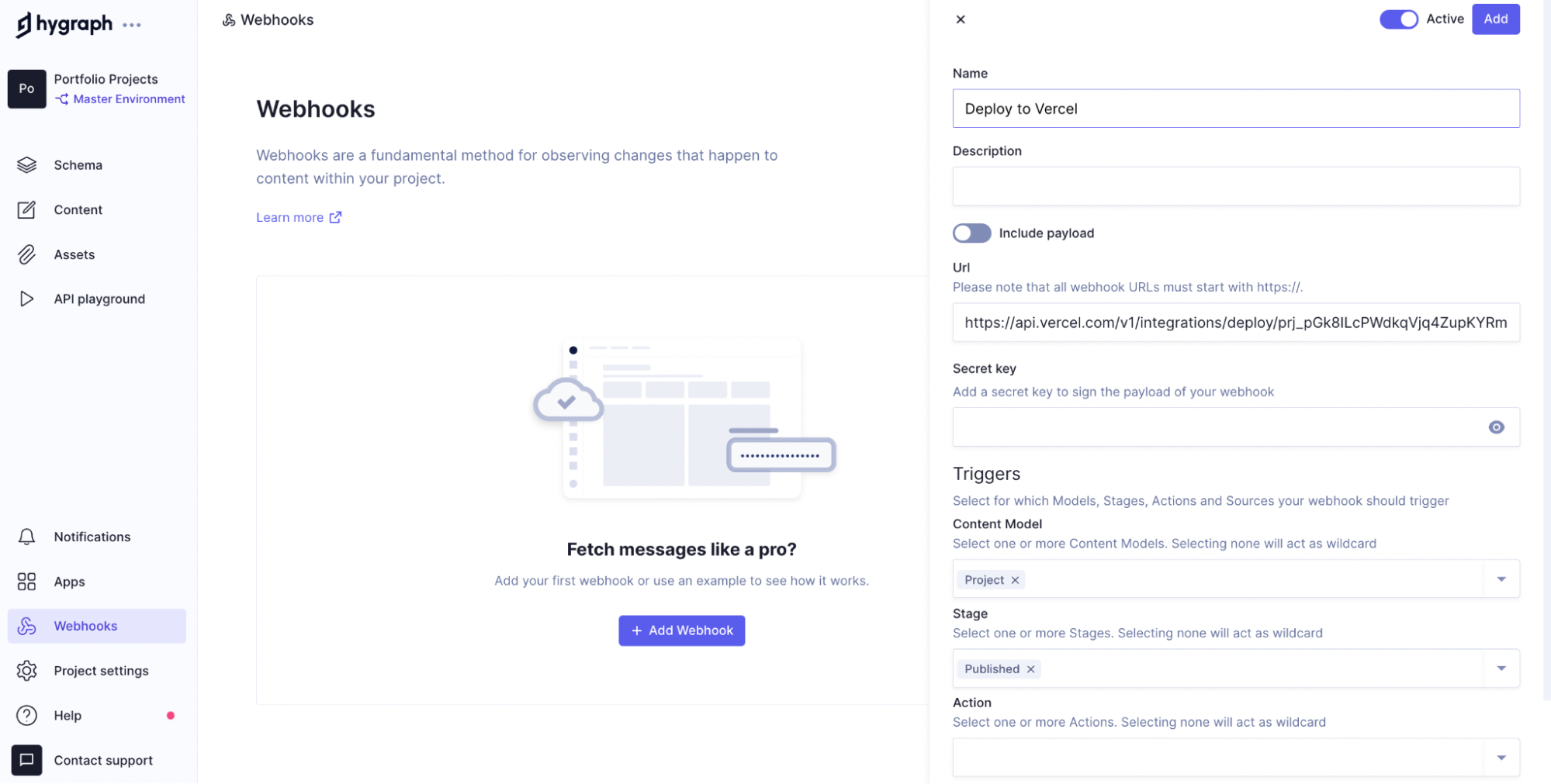 setting up webhooks in hygraph