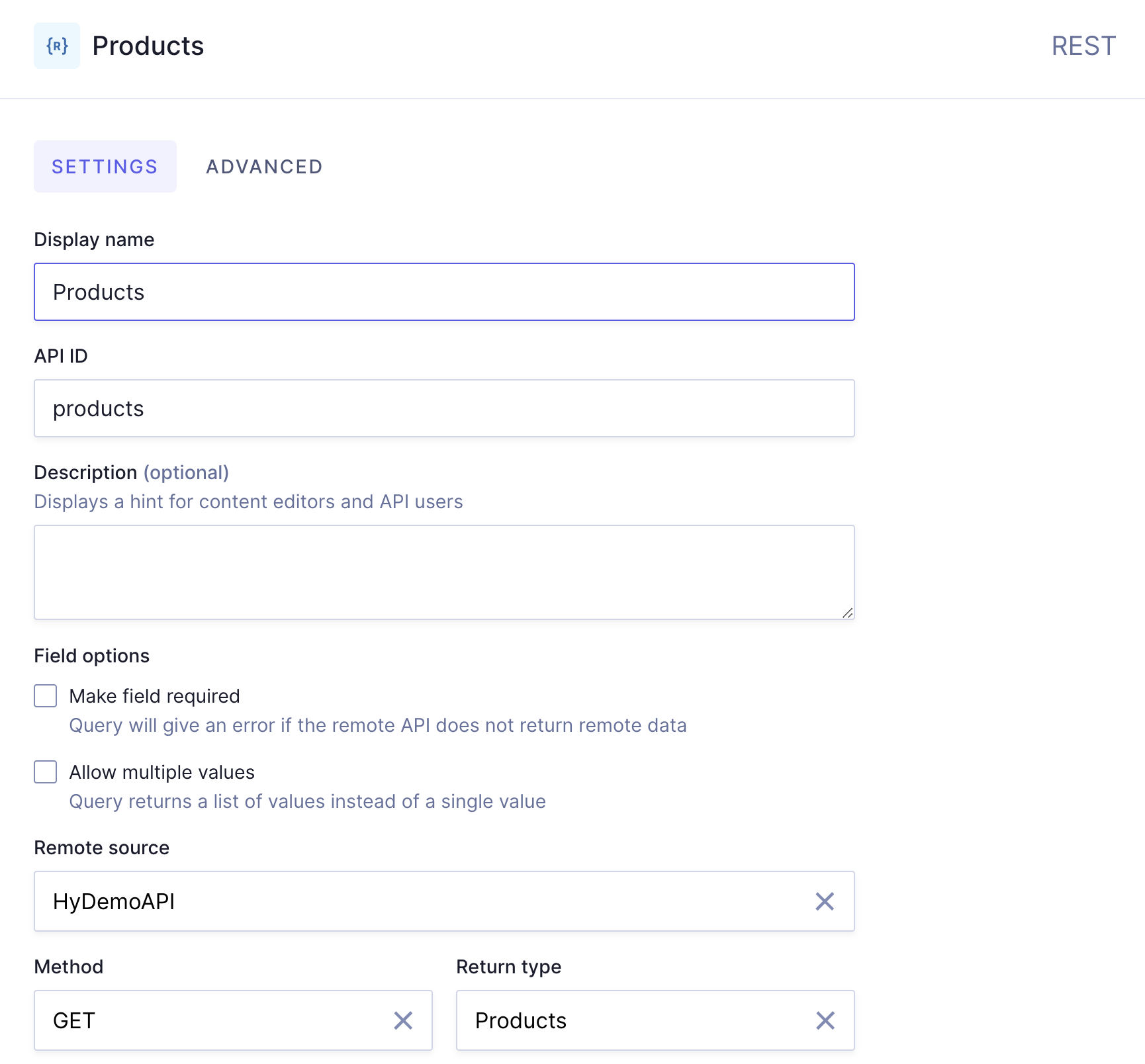 Example top-level remote source field with products