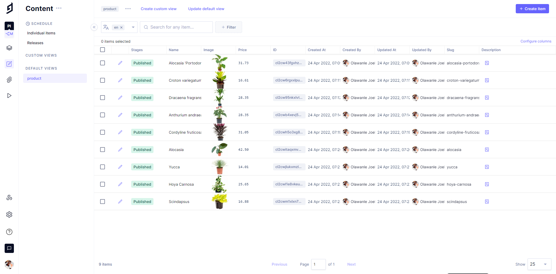 product list in hygraph