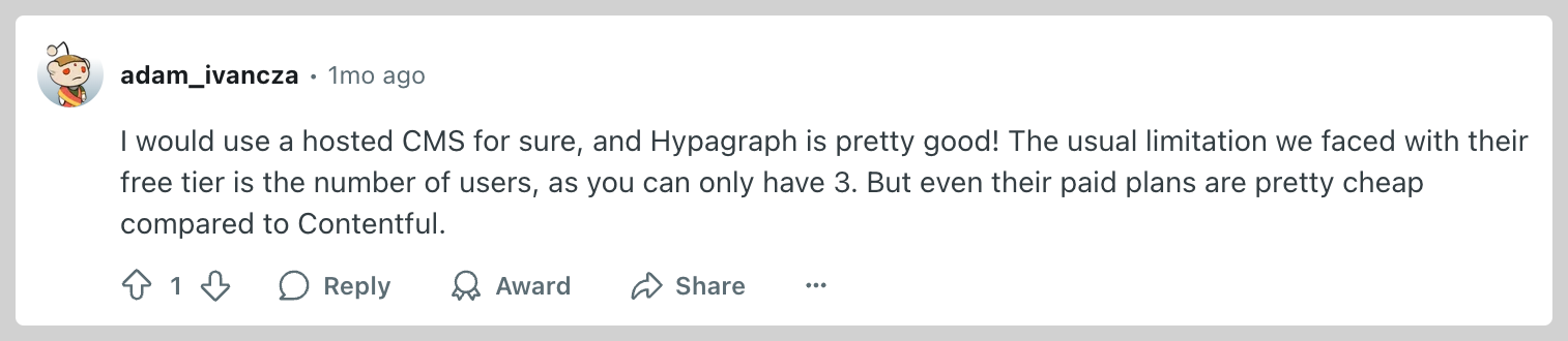another feedback on Hygraph's free plan