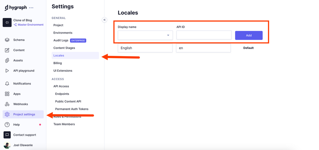 setting up the locales in hygraph