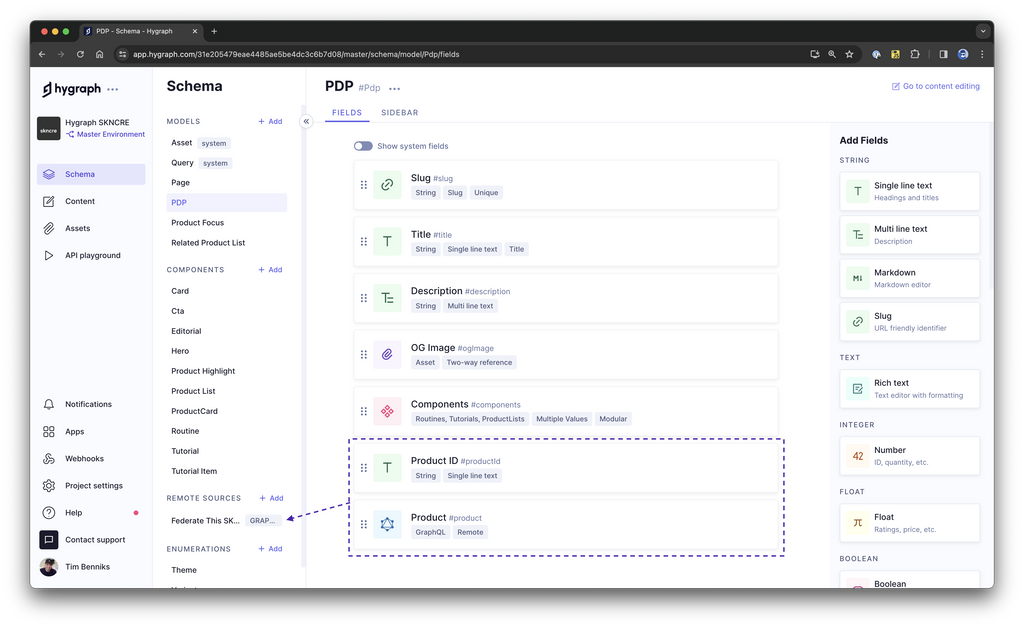 The schema for a product page with a remote GraphQL API field for selecting a Product from the Federate This endpoint.