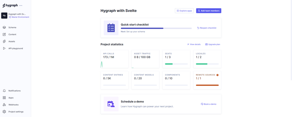 The project’s statistics page view