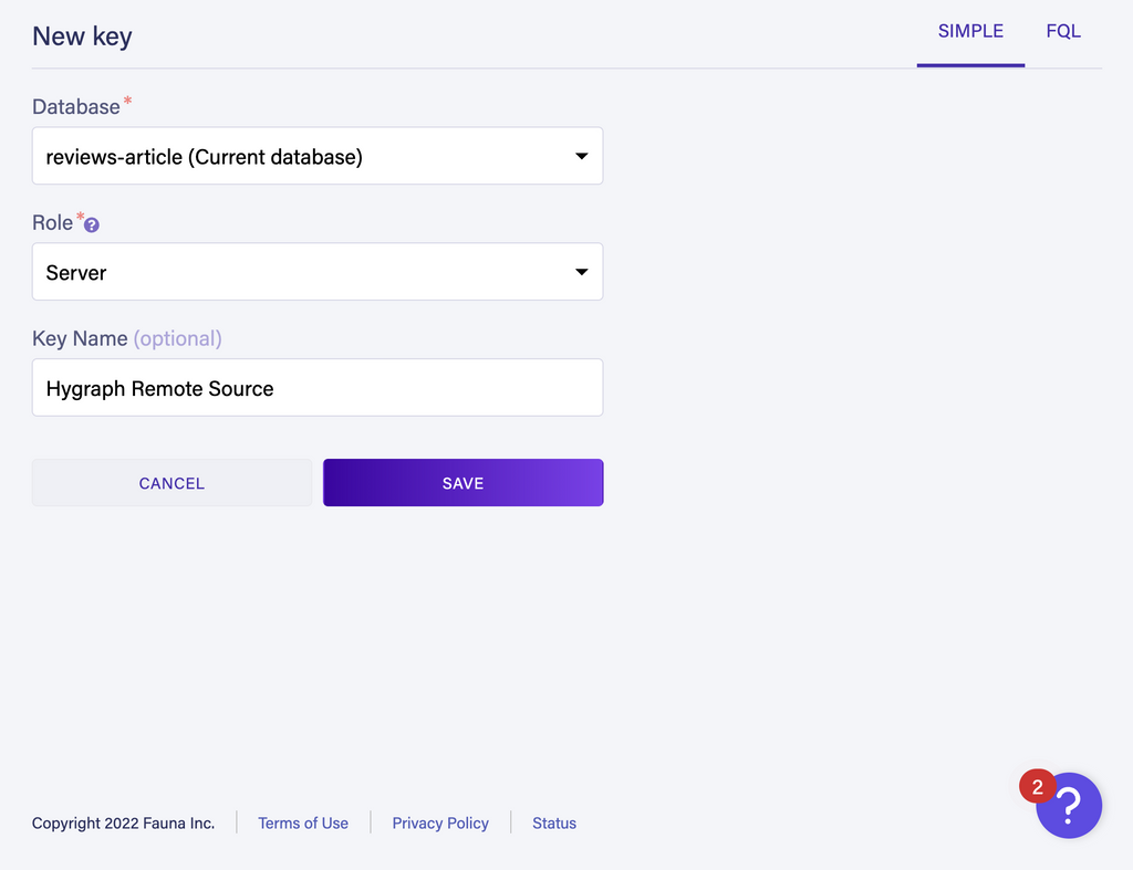 New key creation with current database, role of "server" and a descriptive key name