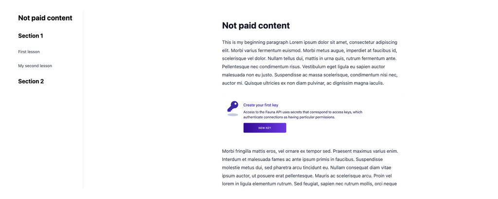 "Not paid content" course page with sidebar nested navigation showing two modules with the first module showing two lessons