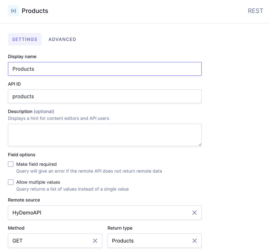 Example top-level remote source field with products