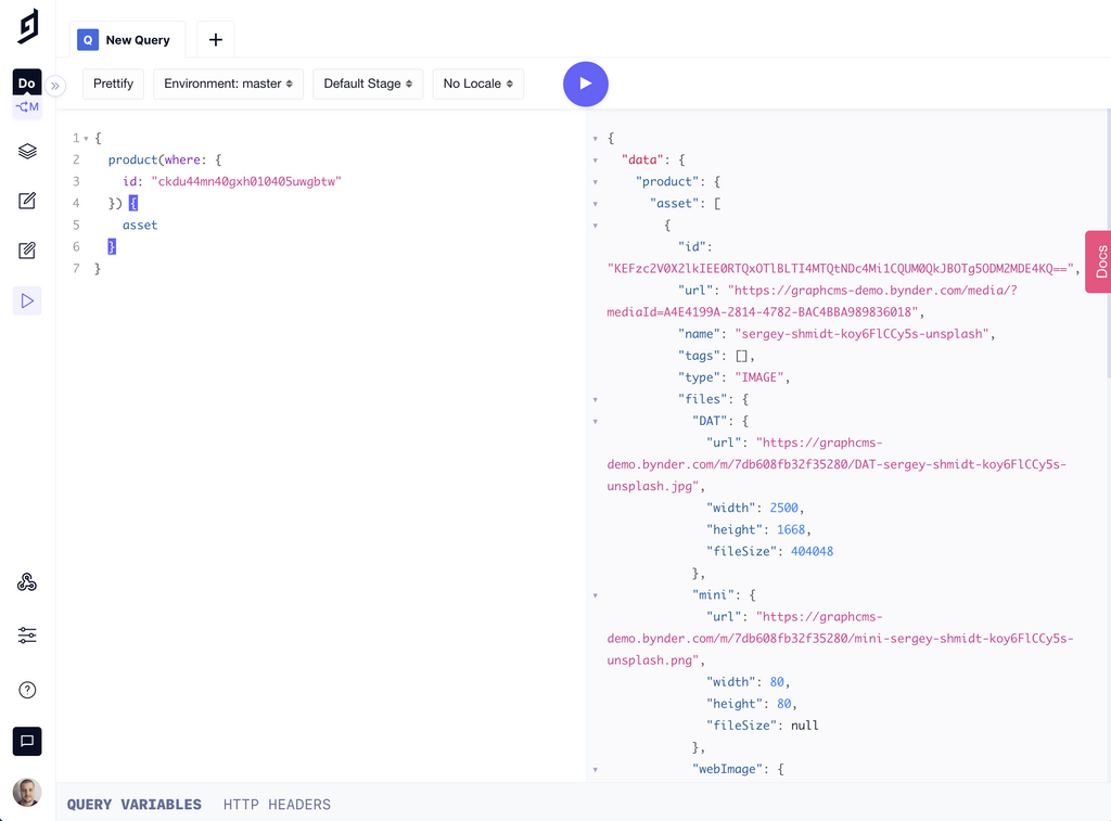 Hygraph API Playground with Bynder query