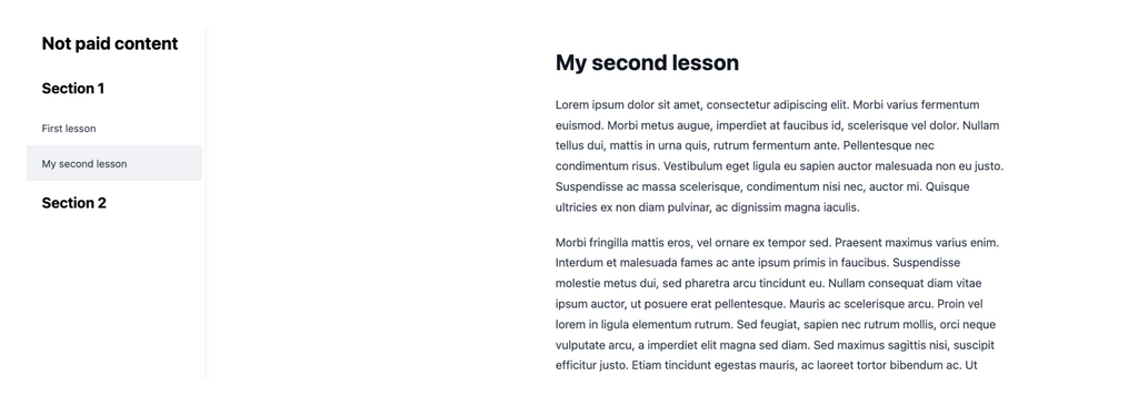 "My Second Lesson" page showing rich text and a sidebar navigation with the correct lesson selected