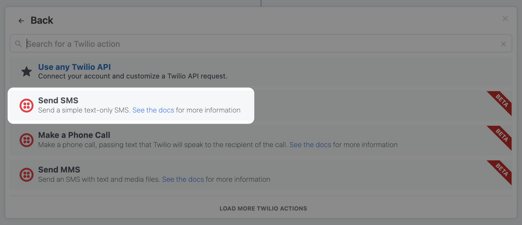 Twilio send SMS action