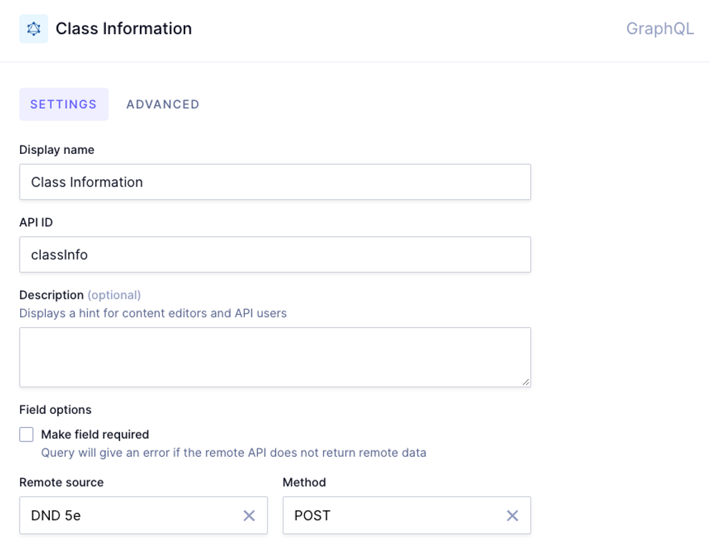 Basic settings for the class information field including a display name and the API prefix with "GraphQL" selected for type