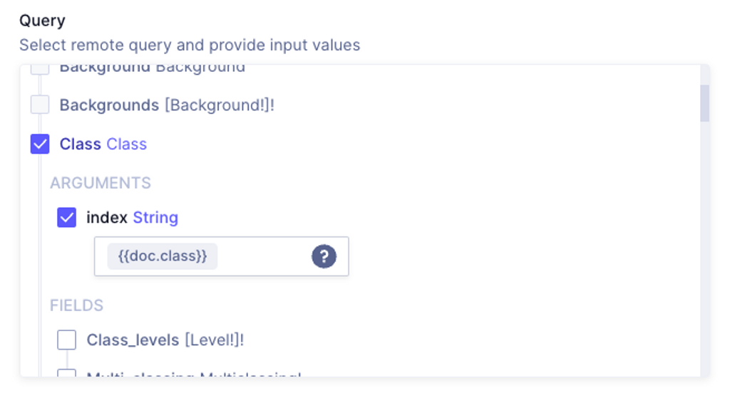 Class information field GraphQL settings showing "Class" Selected with the "index" argument provided by `{{doc.class}}`