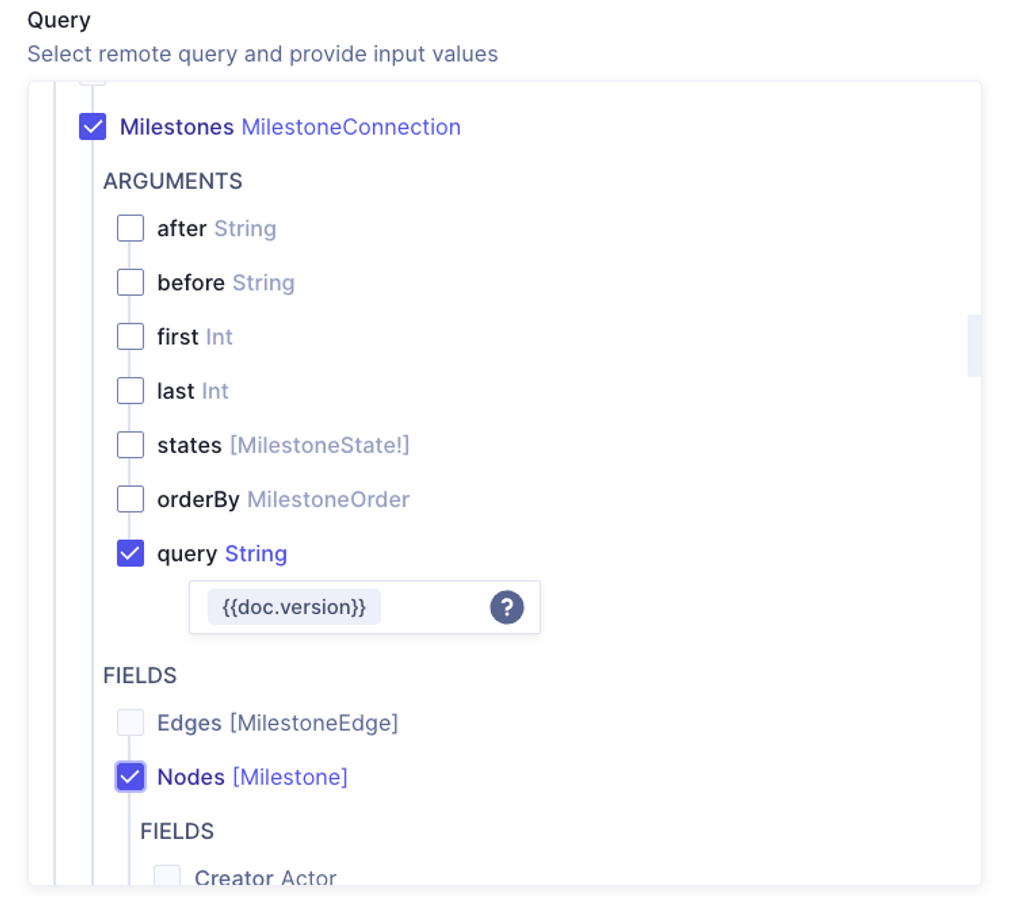 Selecting the right Milestone based on the release's version and selecting the Nodes Field for data