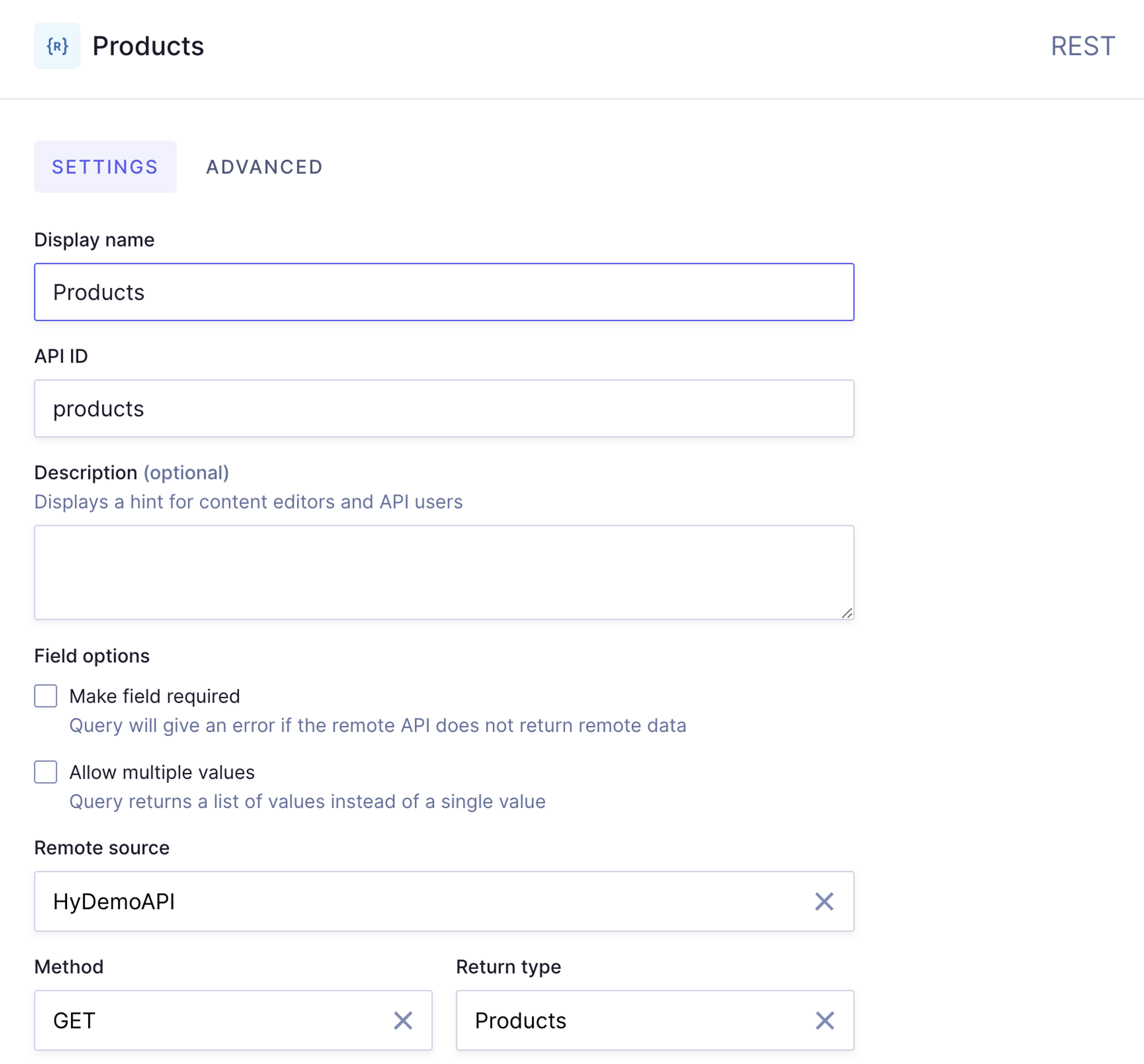 Example top-level remote source field with products