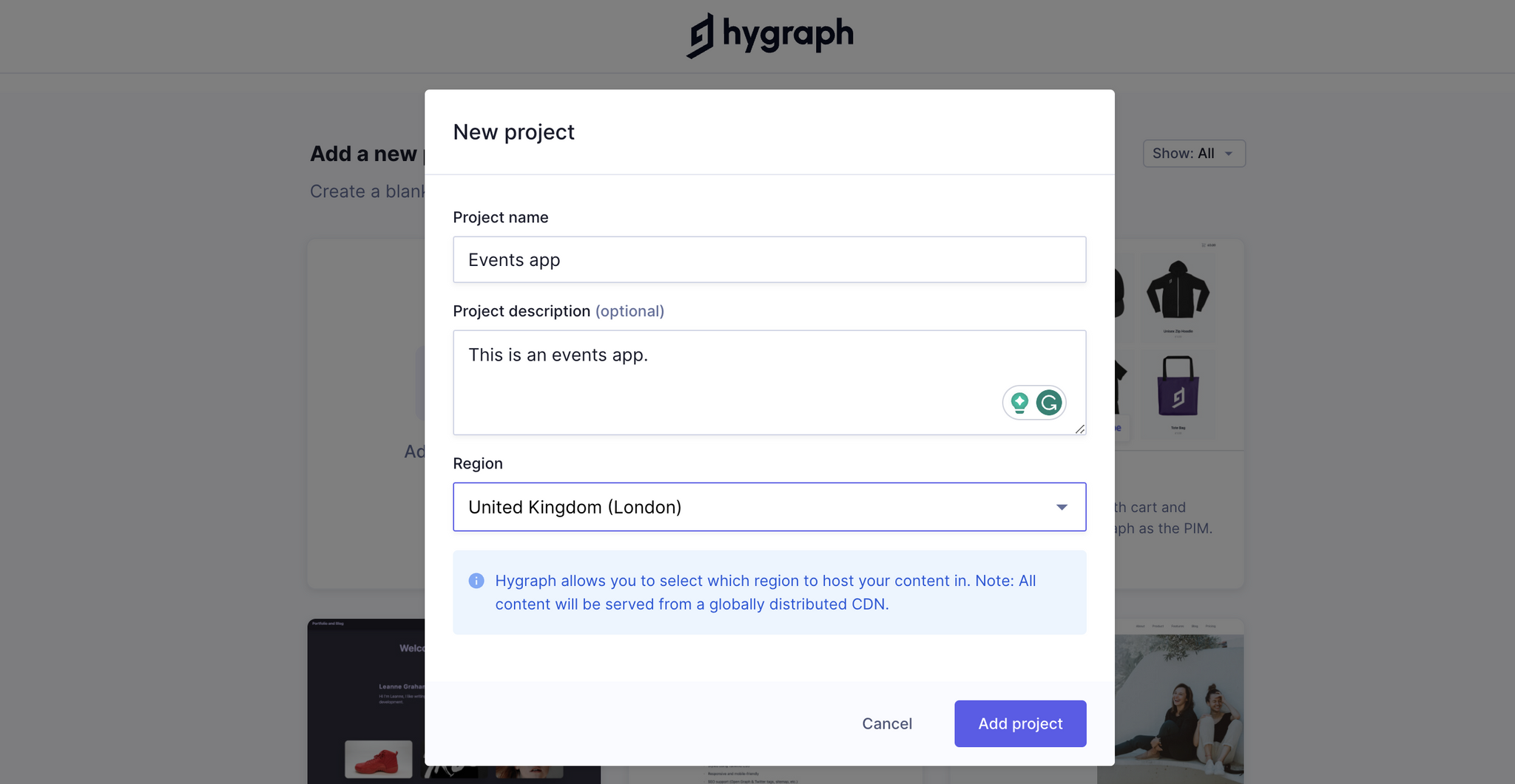 Creating a new Hygraph project named 'Events app' and selecting a hosting region in the setup modal.png