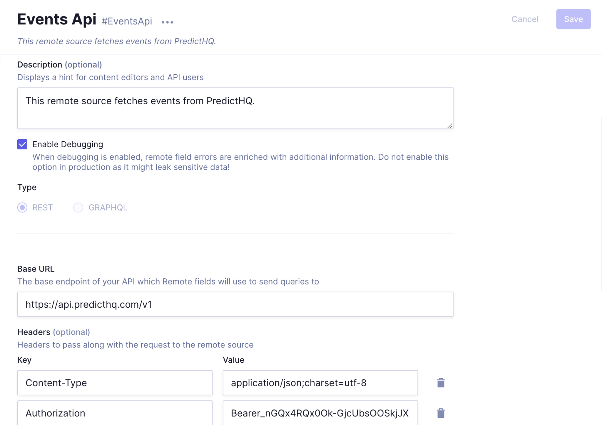 Configuring a Hygraph Remote Source for the PredictHQ REST API, including Base URL and Authorization headers.png