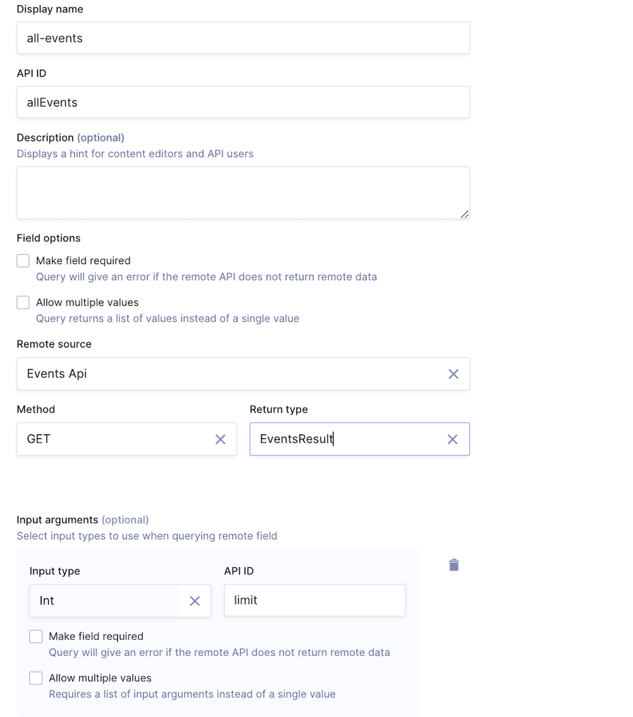 Hygraph schema editor configuring a Remote Field named 'allEvents' using a GET request and a 'limit' input argument
