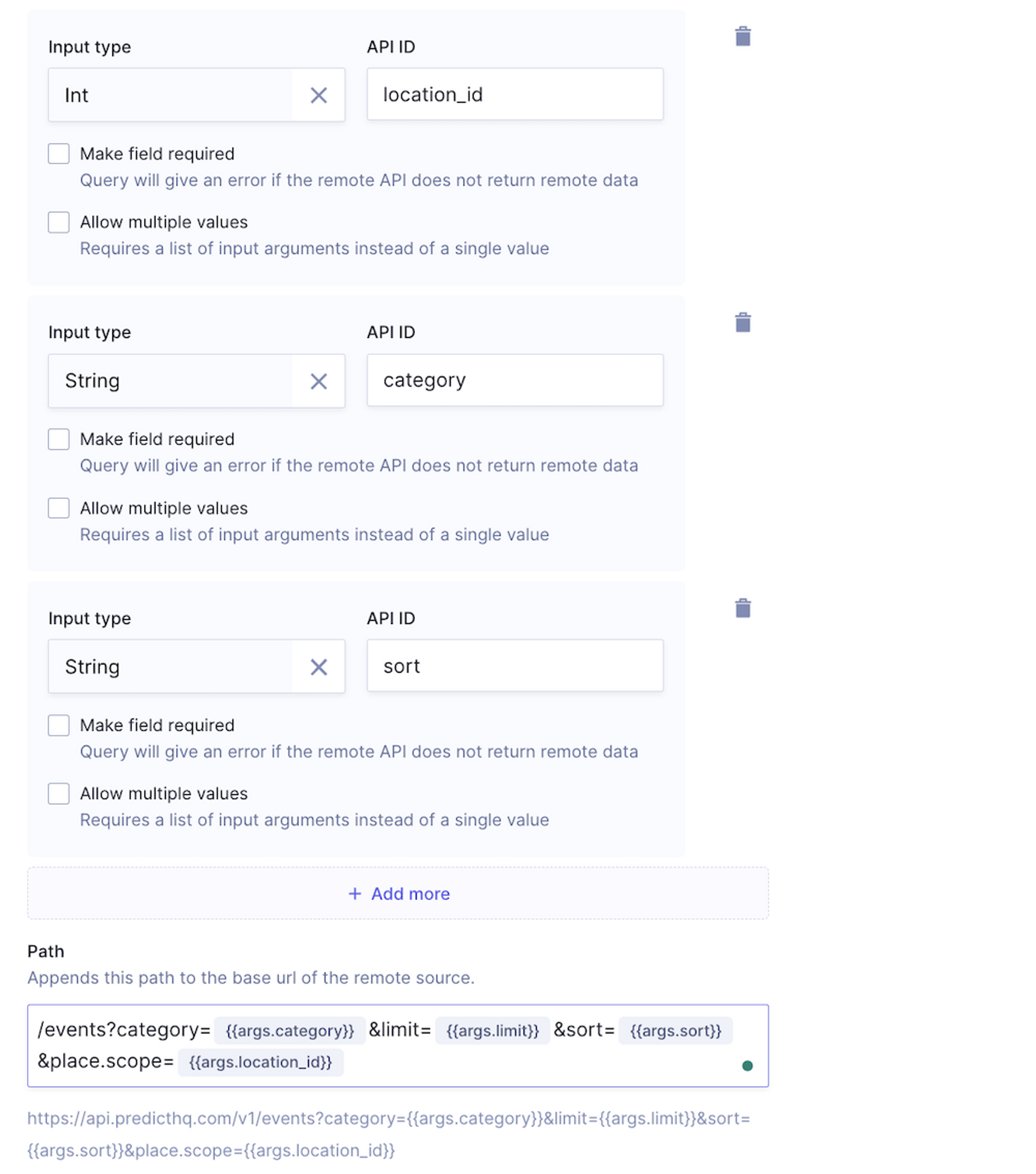 Configuring input arguments in Hygraph to create a dynamic URL path for a REST Remote Field query