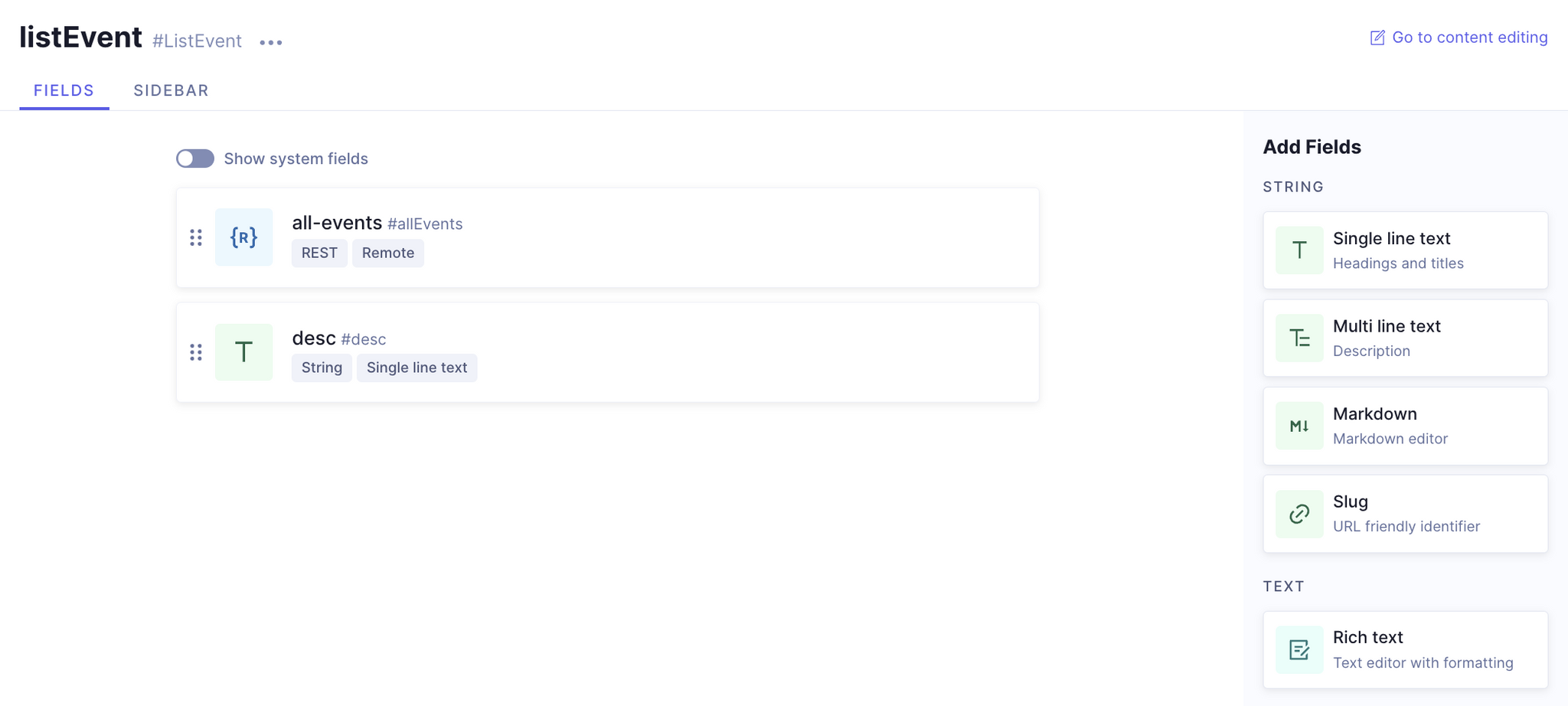 Hygraph schema editor showing the 'listEvent' model with a configured REST Remote field named 'all-events'