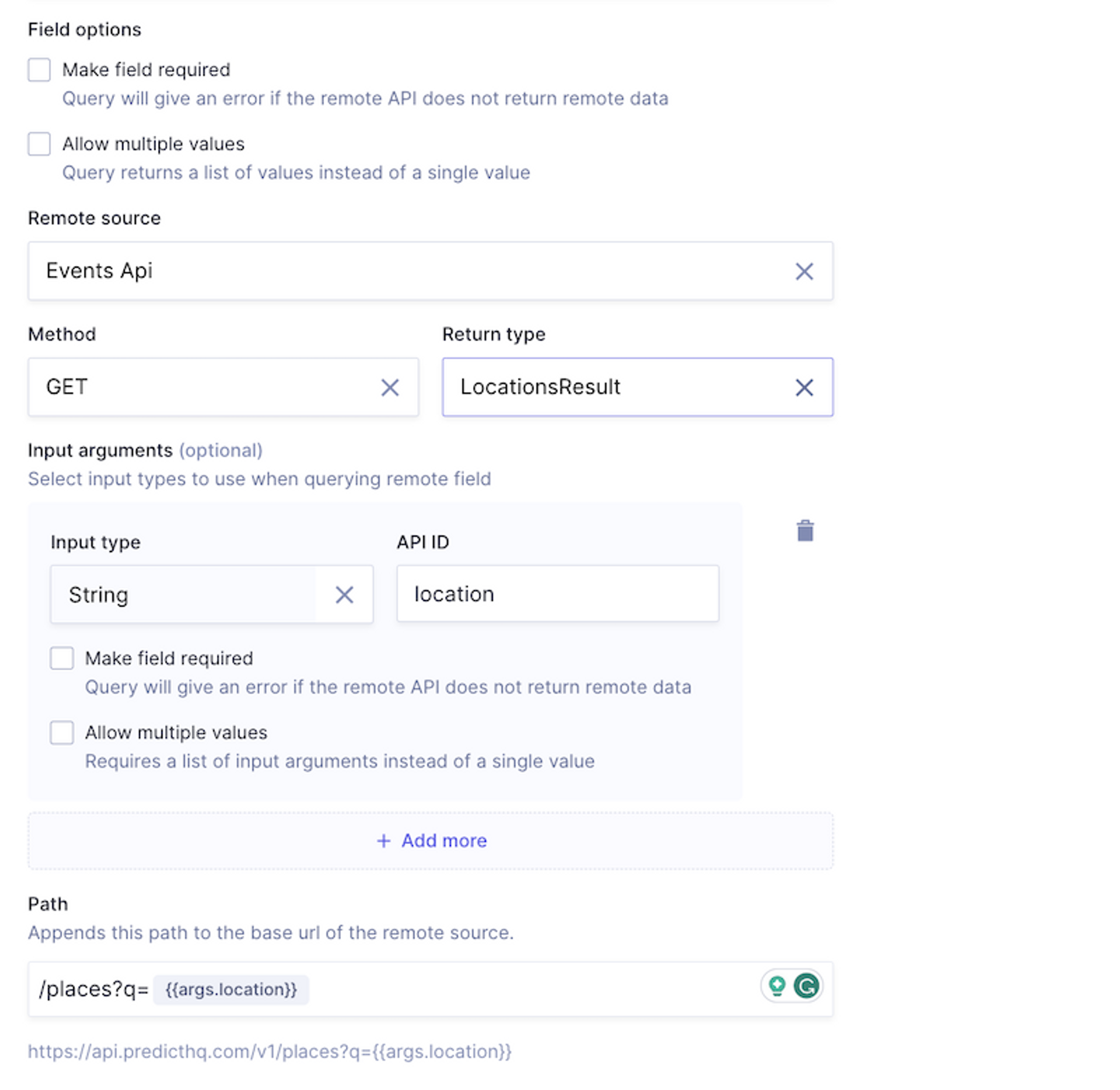 Configuring a REST Remote Field in Hygraph with a dynamic input argument for 'location' in the query path