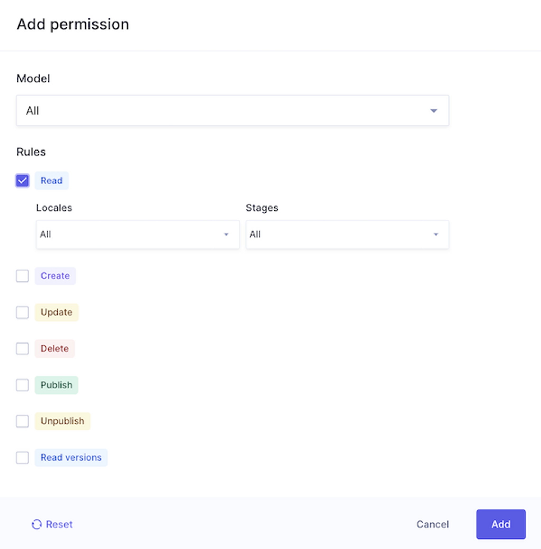 Configuring Hygraph permissions via the 'Add permission' modal, enabling 'Read' access for all models