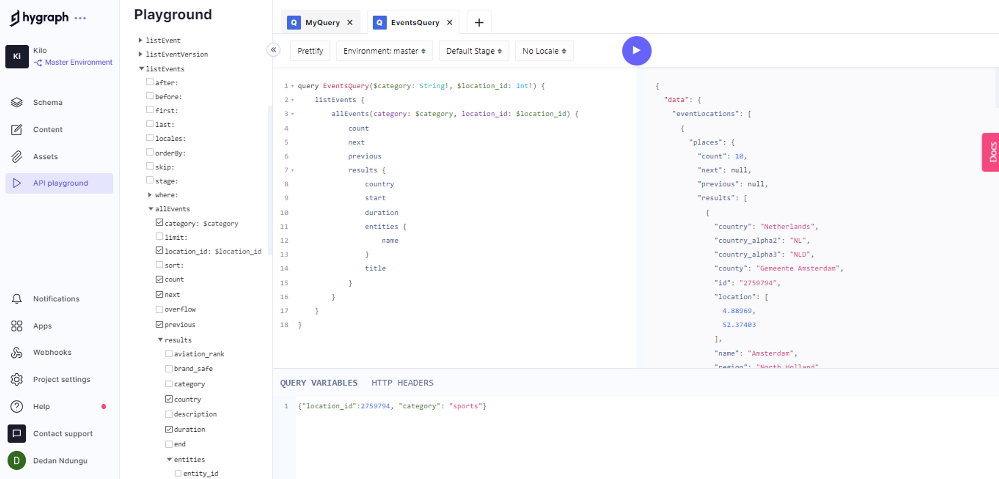 Hygraph API Playground executing a GraphQL query with variables to fetch event data from a REST Remote Source