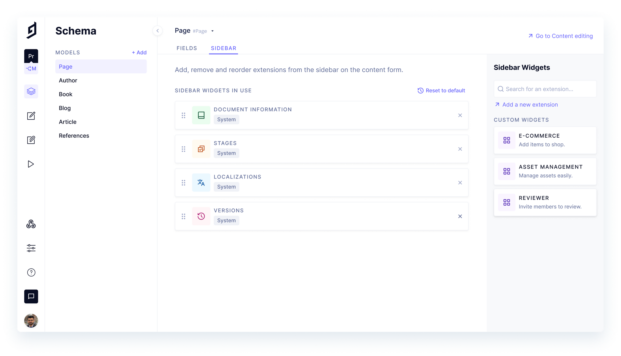 GraphCMS Schema interface displaying the Sidebar tab for managing system widgets and custom extensions