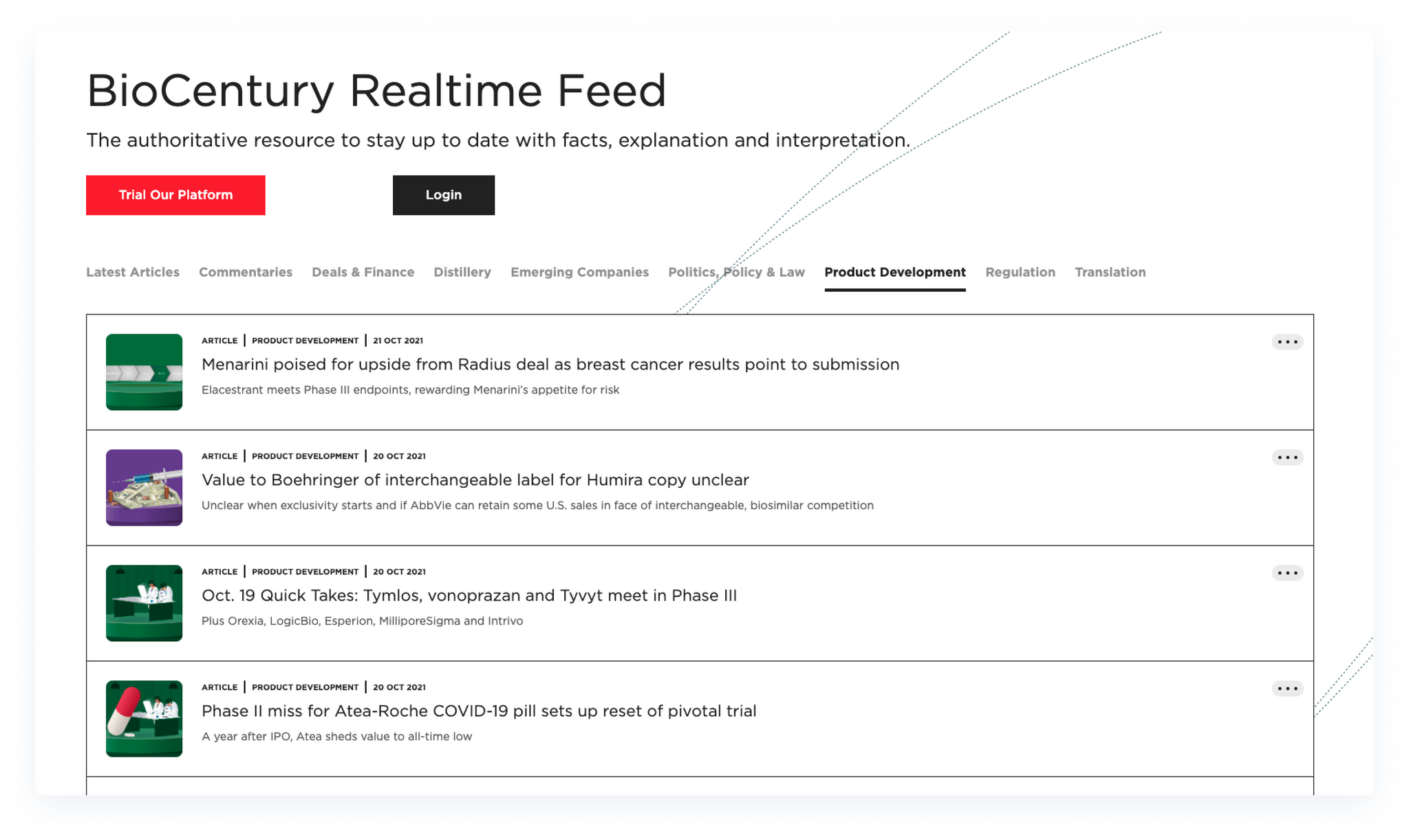 BioCentury Realtime Feed interface displaying the Product Development tab with a list of latest industry news articles